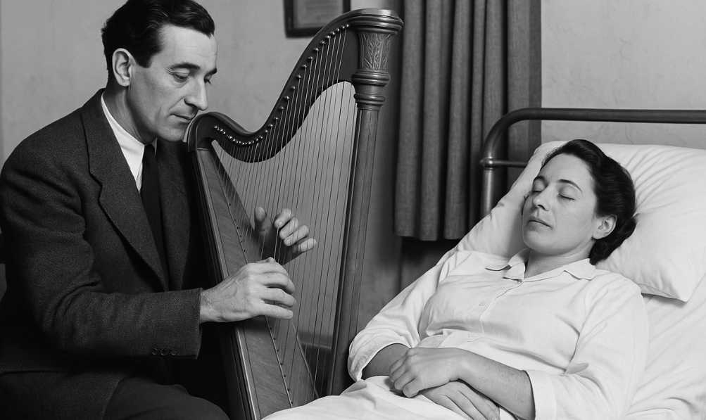 ein Musiktherapeut, der für eine Frau, die mit geschlossenen Augen in einem Krankenhausbett liegt, Harfe spielt