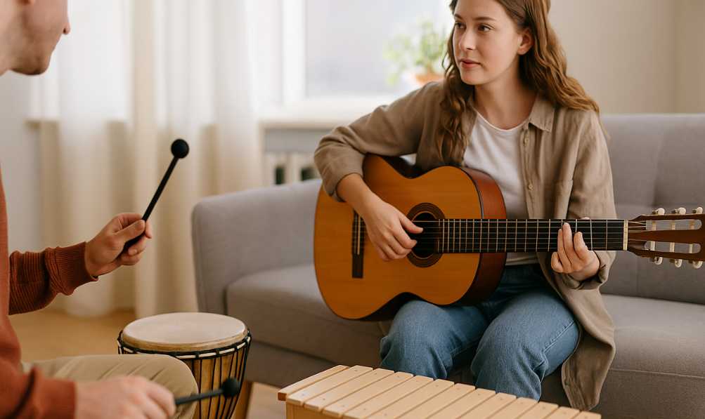 Eine junge Frau spielt Gitarre und hat Freude daran.