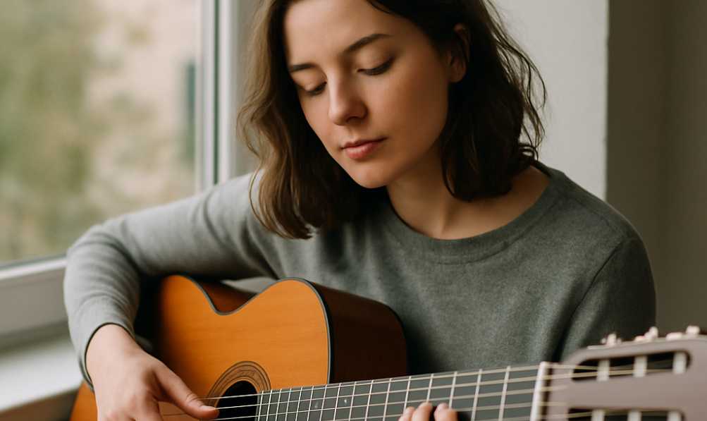 Eine junge Frau spielt Gitarre und hat Freude daran.