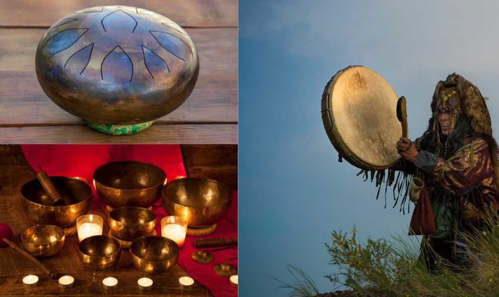 Komposition mit therapeutischen und ritualbezogenen Klanginstrumenten: links eine Stahlzungen­trommel auf Holz, darunter mehrere tibetische Klangschalen mit Kerzen auf rotem Tuch; rechts eine schamanisch gekleidete Person im Freien, die eine Rahmentrommel spielt, vor offenem Himmel, was eine Verbindung zwischen Klang, Natur und spiritueller Praxis symbolisiert.