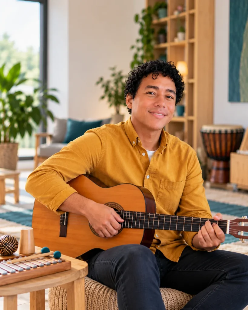 Ednaldo Dos Santos mit Gitarre und Musikinstrumenten